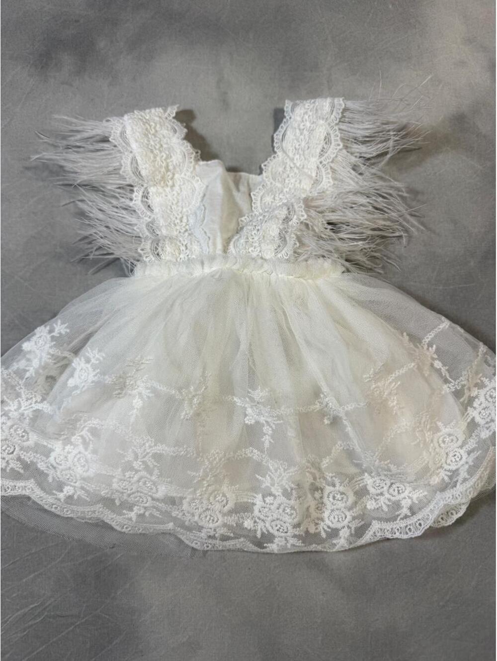 Ivory Lace Tulle Feather Baby Special Occasion Dress Newborn 0–3 Months